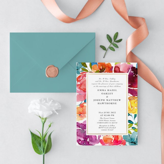 Invitación Boda floral azul turquesa brillante verano I (Subido por el creador)