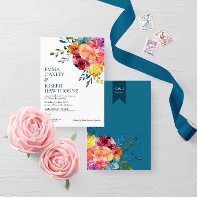 Invitación Boda floral azul turquesa brillante verano I (Subido por el creador)
