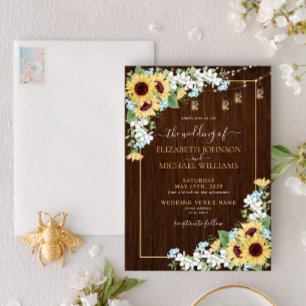 Invitación Boda floral azul turquesa de girasol de madera rús