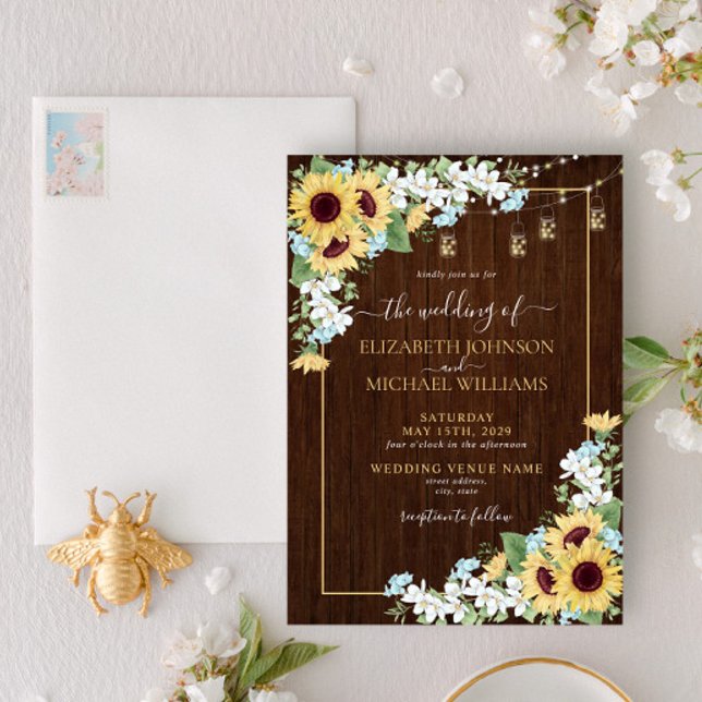 Invitación Boda floral azul turquesa de girasol de madera rús (Subido por el creador)