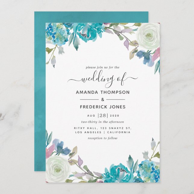 Invitación Boda floral azul turquesa y turquesa (Anverso / Reverso)