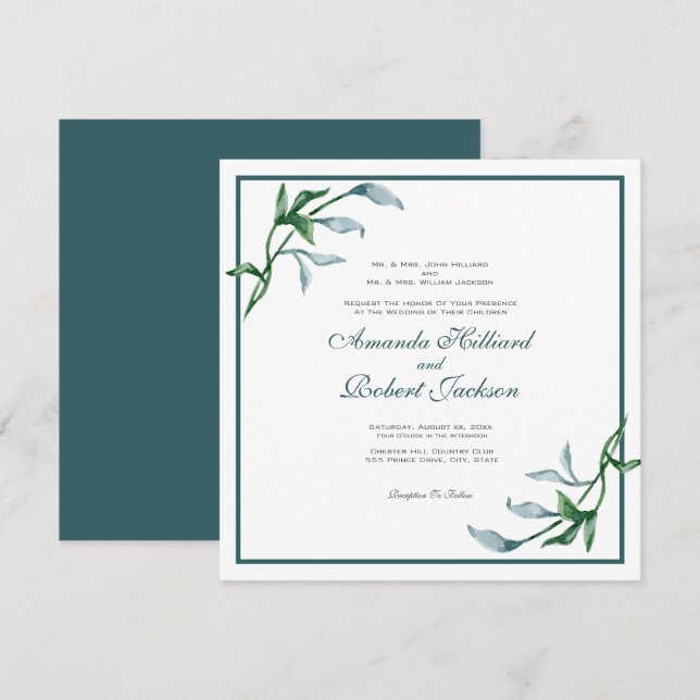 Invitación Boda Floral azul verde azul acuarela (Anverso / Reverso)