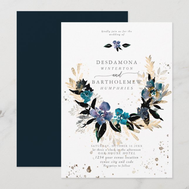 Invitación Boda floral azul verde azulado (Anverso / Reverso)