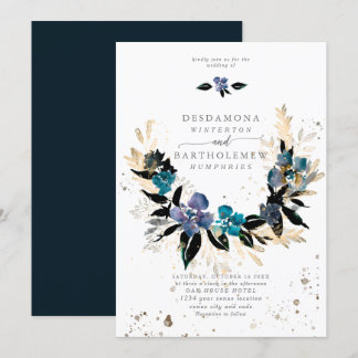 Invitación Boda floral azul verde azulado