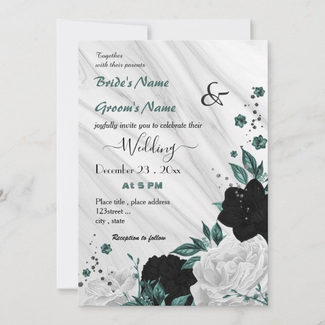 Invitación boda floral azul verde azulado blanco y negro (Anverso)