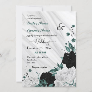 Invitación boda floral azul verde azulado blanco y negro