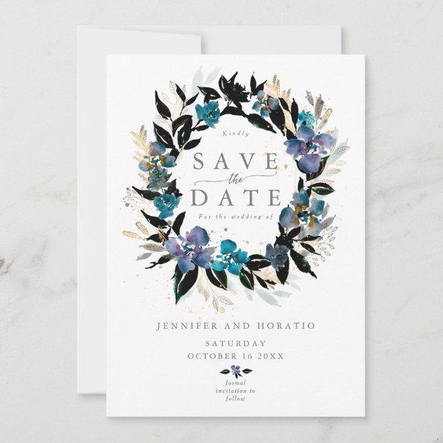 Invitación Boda floral azul verde azulado Bouquet (Anverso)