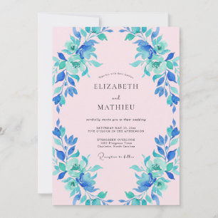 Invitación Boda Floral Azul Verde Pintada