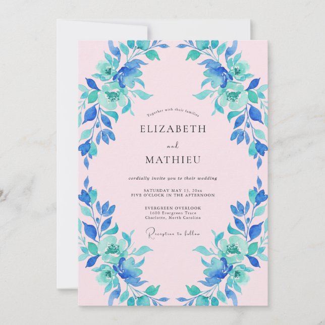 Invitación Boda Floral Azul Verde Pintada (Anverso)