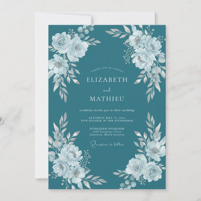 Invitación Boda floral azul verdoso (Anverso)