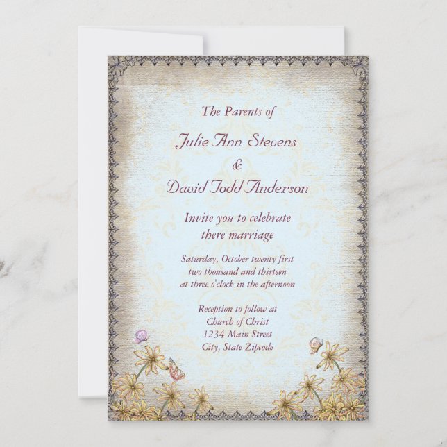 Invitación Boda Floral Azul Vintage (Anverso)
