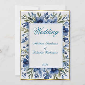Invitación Boda floral azul vintage Hermoso Blanco