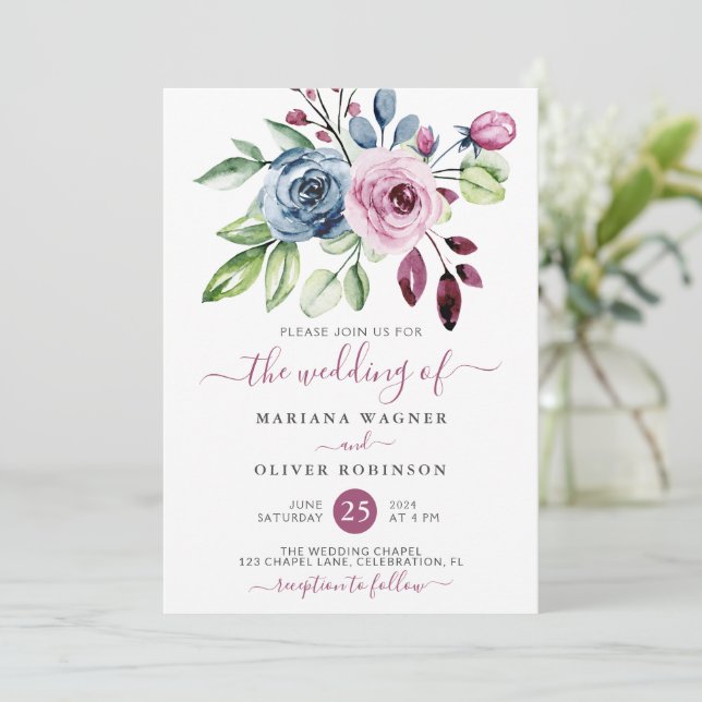 Invitación Boda floral azul y acuarela marina (Anverso de pie)