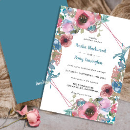 Invitación Boda floral azul y acuarela rosa Verde azulado clá