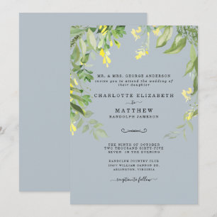 Invitación Boda floral azul y amarilla moderno con polvo Invi