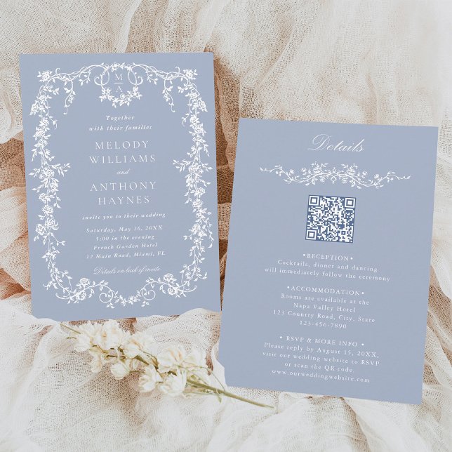 Invitación Boda floral azul y azul turbio en uno (Front & Back)