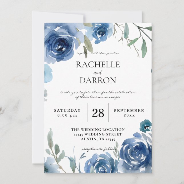Invitación Boda Floral azul y azul turbio V2 (Anverso)