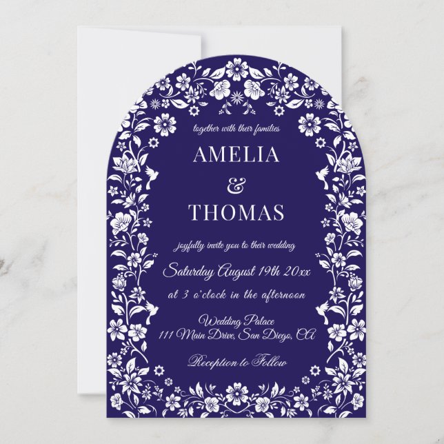 Invitación Boda floral azul y blanca (Anverso)