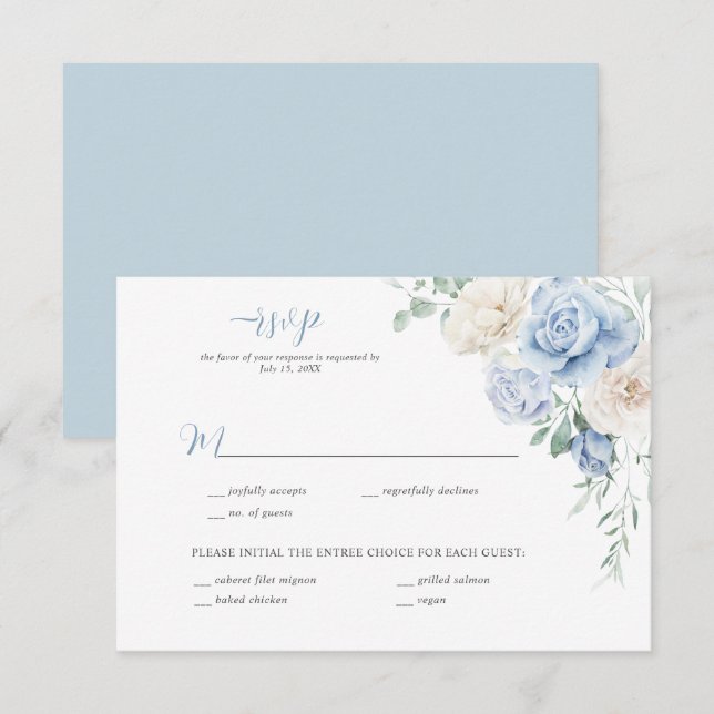 Invitación Boda floral azul y blanca RSVP (Anverso / Reverso)