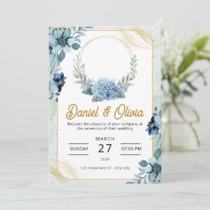 Invitación Boda floral azul y blanco con marca personalizado