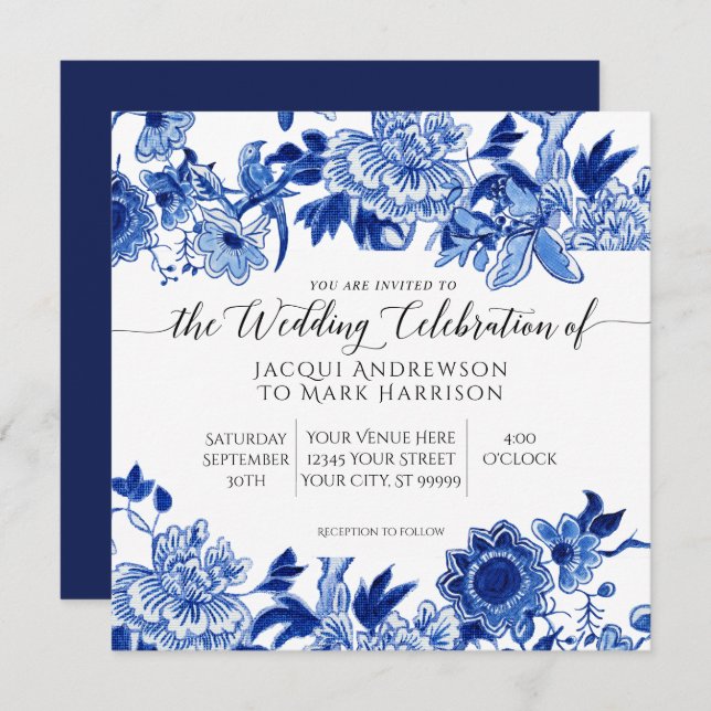 Invitación Boda floral azul y blanco de la Marina de Influenc (Anverso / Reverso)