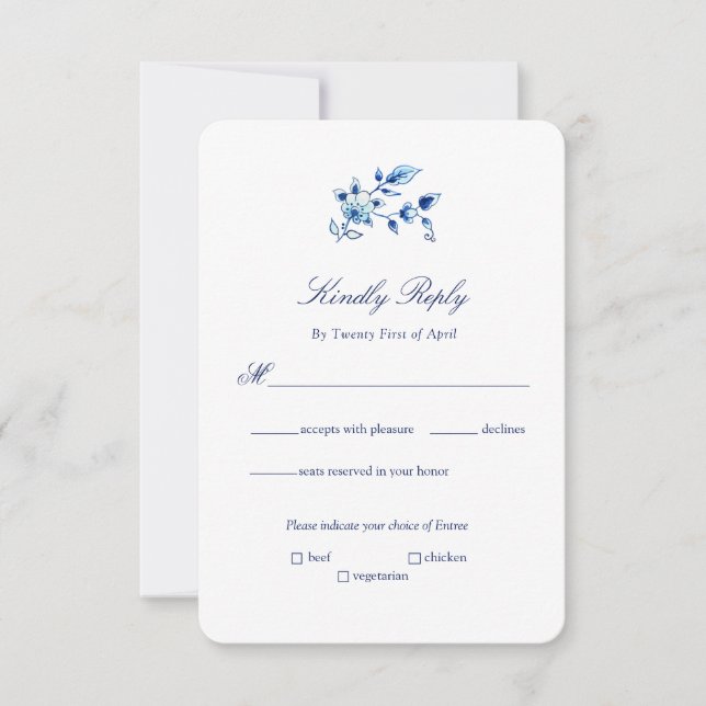 Invitación Boda floral azul y blanco Delft (Anverso)