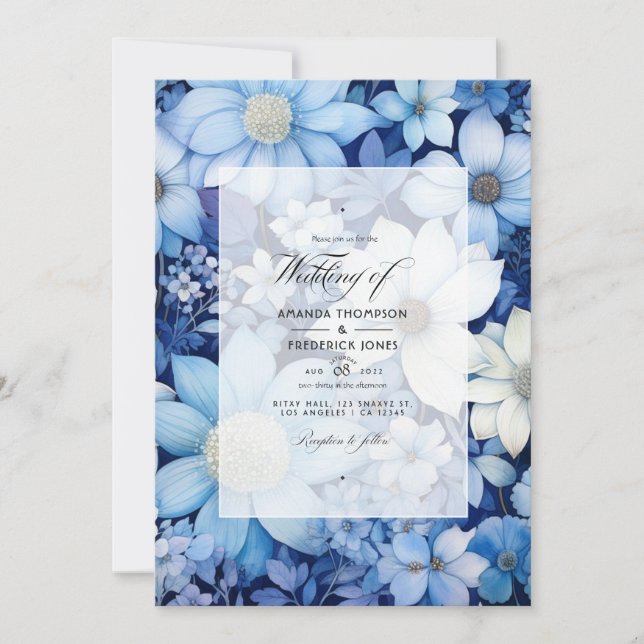 Invitación Boda floral azul y blanco turbio (Anverso)
