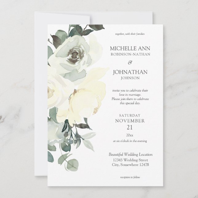 Invitación Boda Floral azul y blanco turbio - Blanco 2 (Anverso)