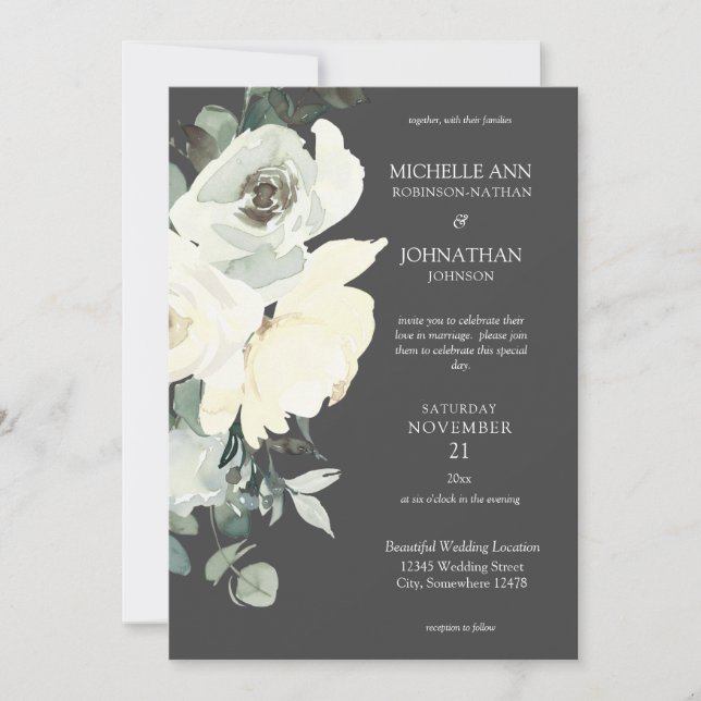 Invitación Boda Floral azul y blanco turbio - gris (Anverso)