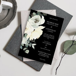 Invitación Boda floral azul y blanco turbio - negro