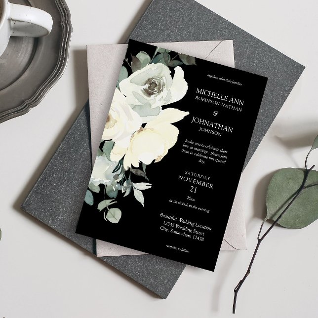 Invitación Boda floral azul y blanco turbio - negro (Subido por el creador)