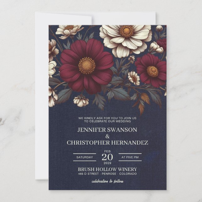 Invitación Boda Floral Azul y Borgoña de la Marina (Anverso)