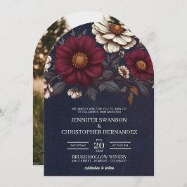 Invitación Boda Floral Azul y Borgoña de la Marina
