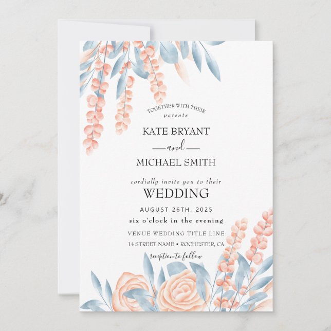 Invitación Boda floral azul y deprimido de Rubor (Anverso)