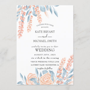 Invitación Boda floral azul y deprimido de Rubor