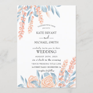 Invitación Boda floral azul y deprimido de Rubor
