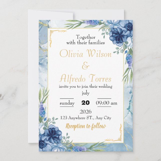 Invitación Boda floral azul y dorado (Anverso)