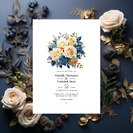 Invitación Boda floral azul y dorado