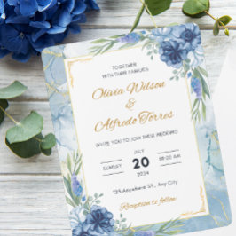 Invitación Boda floral azul y dorado