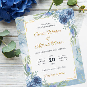 Invitación Boda floral azul y dorado