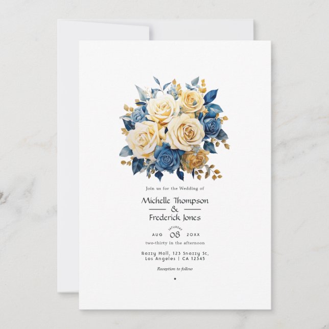 Invitación Boda floral azul y dorado (Anverso)