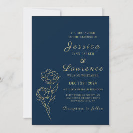 Invitación Boda floral azul y dorado de la Marina elegante mo