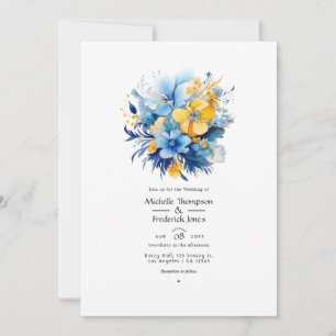 Invitación Boda floral azul y dorado elemental