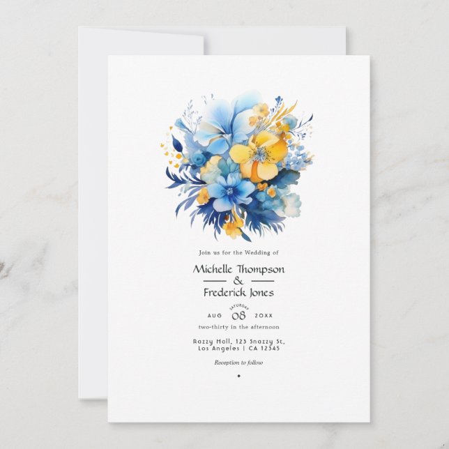 Invitación Boda floral azul y dorado elemental (Anverso)