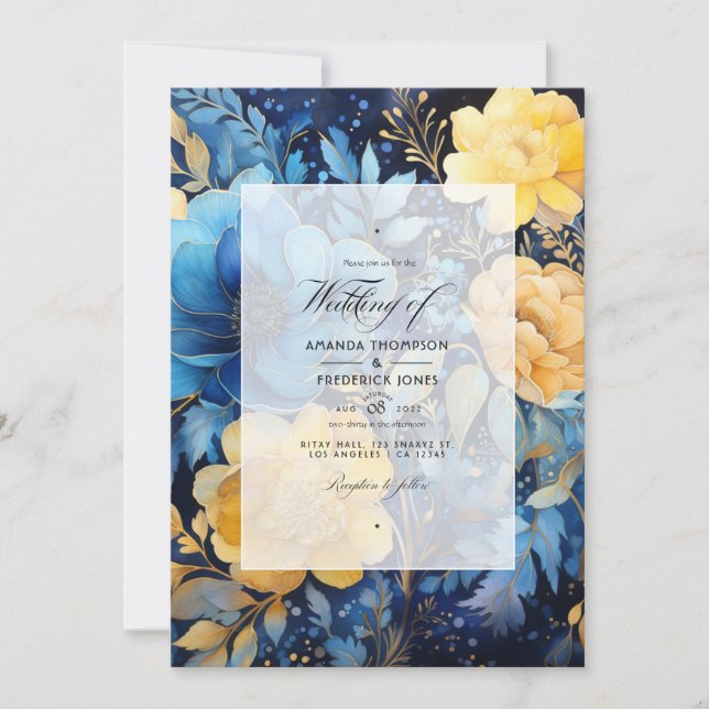 Invitación Boda floral azul y dorado elemental (Anverso)