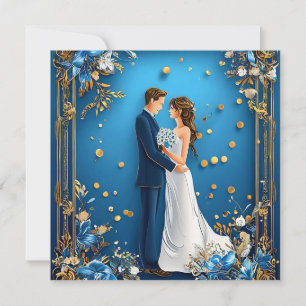 Invitación Boda Floral Azul y Dorado Romántica Elegante