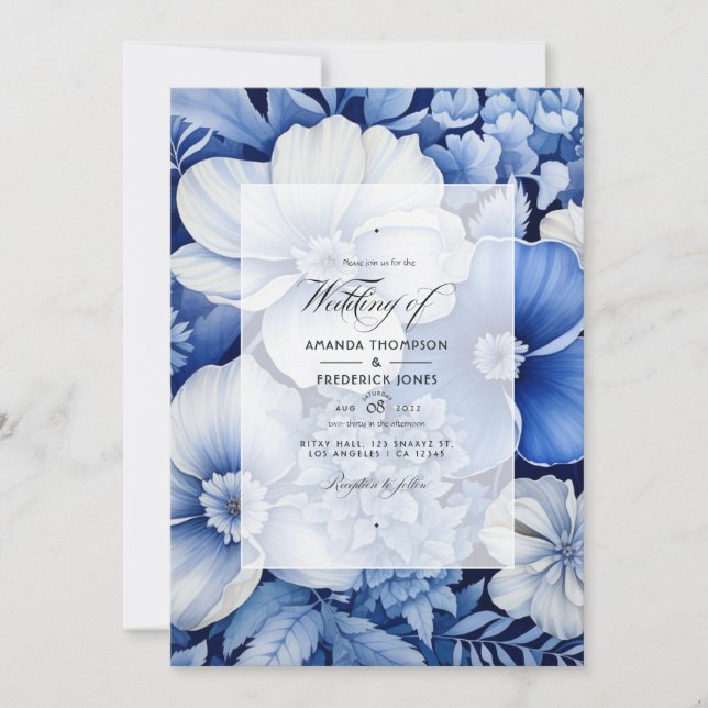 Invitación Boda floral azul y gris claro real (Anverso)