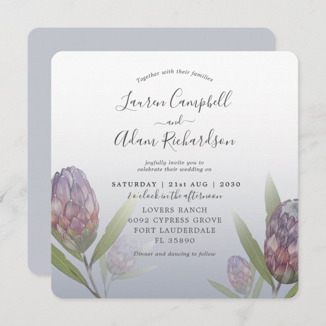 Invitación Boda Floral Azul y Morado Polvoriento Tropical (Anverso / Reverso)