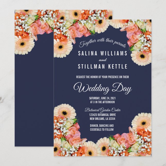 Invitación Boda Floral Azul y Naranja (Anverso / Reverso)