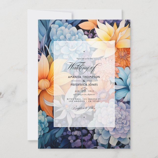 Invitación Boda floral azul y Naranja (Anverso)